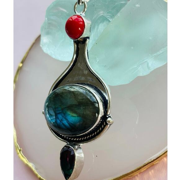 925 Sterling  Labradorite Coral & Tourmaline  Pendant - Picture 3 of 5